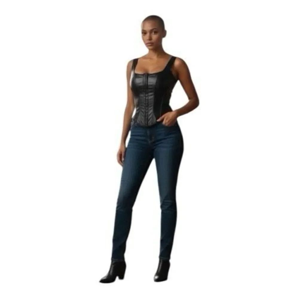 Black Faux Leather Corset Top Size S Boned Waist Cinching Sleeveless Bustier